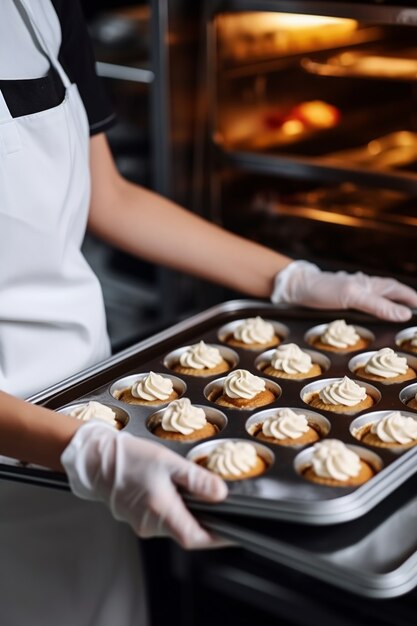 Close-up em deliciosos cupcakes na bandeja