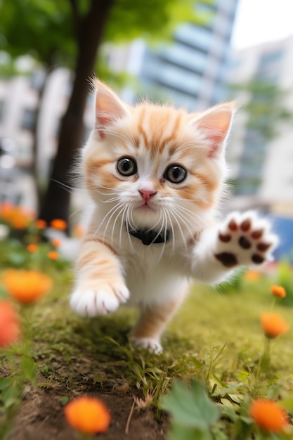 Close-up em um gatinho cercado por flores