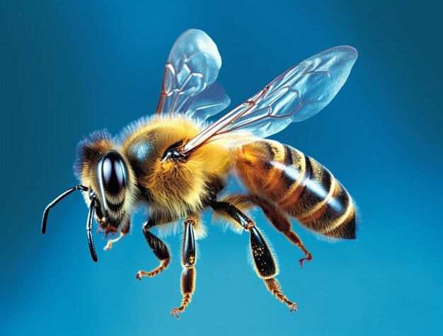 Close-up em uma abelha isolada em um fundo azul