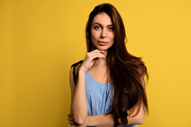 Close-up foto de uma adorável mulher adorável com longos cabelos escuros usando uma camiseta azul posando com um sorriso