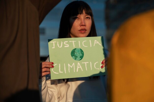 Close-up mulher lutando pelo clima