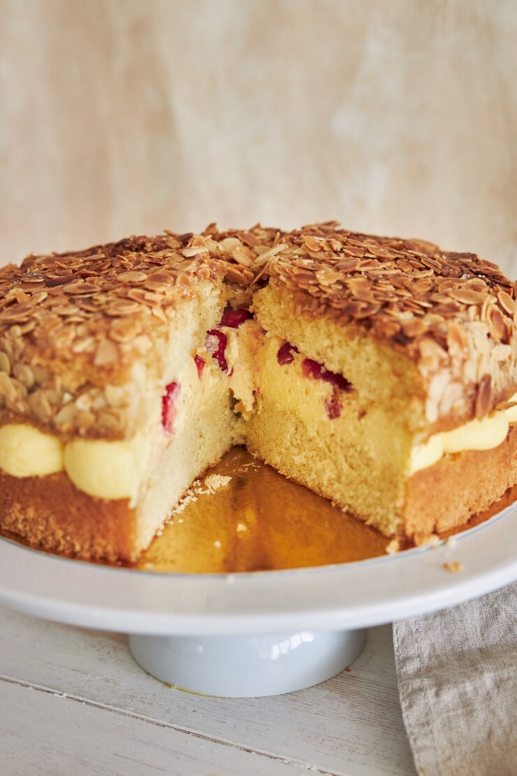 Foto grátis close vertical do delicioso bolo de creme de baunilha com morangos dentro em uma mesa branca