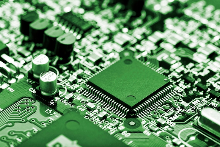 Foto grátis closeup da placa de circuito eletrônico com cpu microchip componentes eletrônicos de fundo