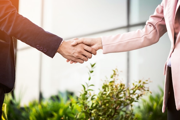 Closeup handshake de reunião amigável entre mulher de negócios e empresário com luz solar.