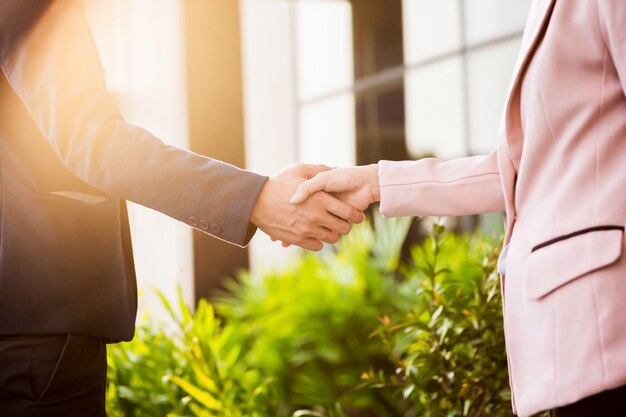 Closeup handshake de reunião amigável entre mulher de negócios e empresário com luz solar.