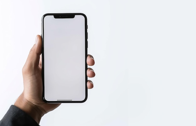 closeup mão segurando o smartphone de tela em branco no fundo branco