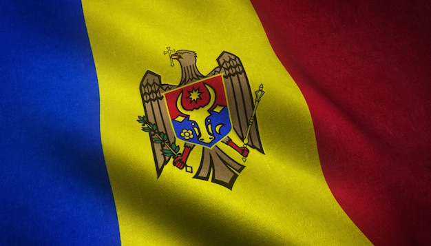 Closeup tiro da bandeira da Moldávia a acenar com texturas interessantes