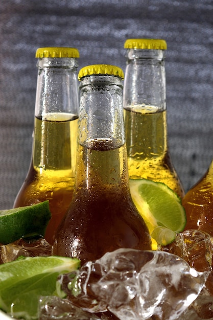 Foto grátis closeup tiro de garrafas de cerveja com gelo e rodelas de limão