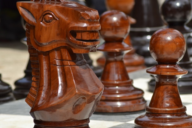 Closeup tiro de grandes figuras de xadrez de madeira ao ar livre com um fundo desfocado