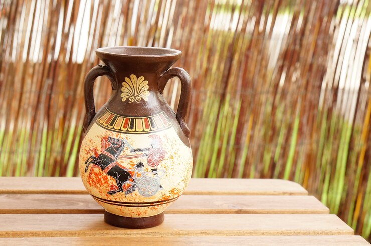 Foto grátis closeup tiro de um vaso grego em uma mesa de madeira