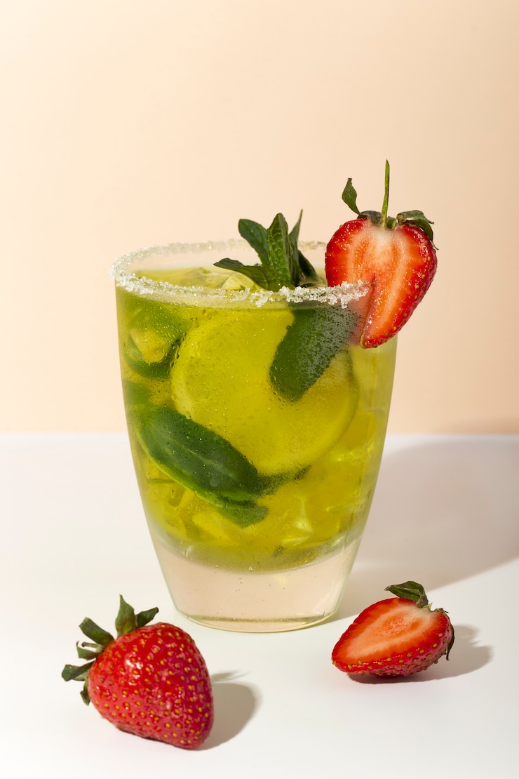 Foto grátis cocktail de caipirinha de alto ângulo com morango