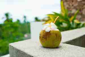 Foto grátis cocktail de coco tropical decorado plumeria em cima da mesa.