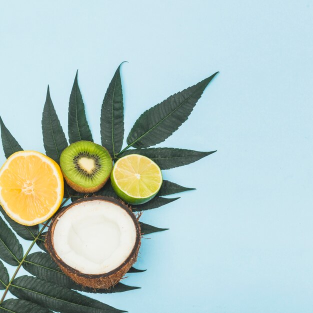 Coco meio cortado; limão; laranja e kiwi em folhas verdes contra o fundo azul