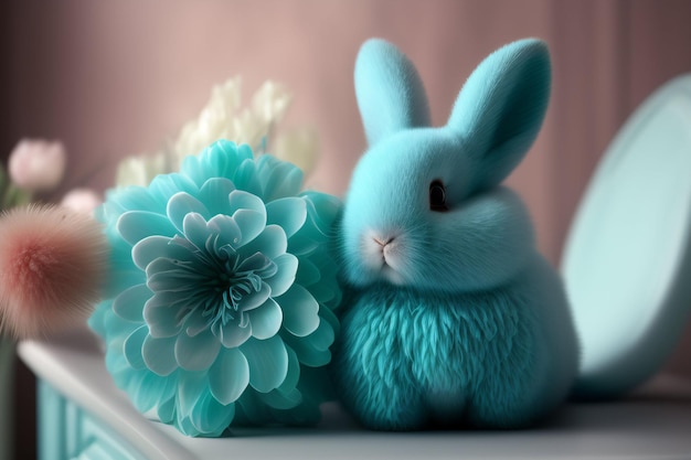 Coelhinho azul com papel de parede de flores