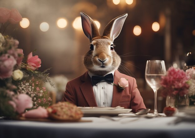 Coelhinho de Páscoa elegante e realista com um terno de jaqueta em uma mesa de jantar de restaurante