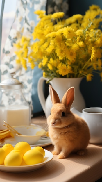 Coelhinho de Páscoa realista com ovos de Páscoa e buquê de flores