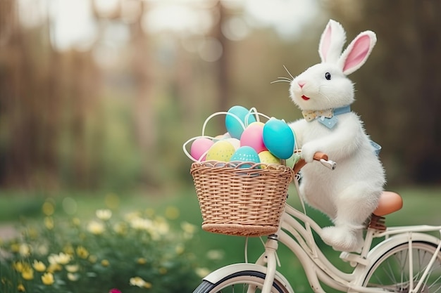 Coelho adorável andando de bicicleta passeando pelo campo com uma cesta cheia de ovos de páscoa copiar espaço ai generative