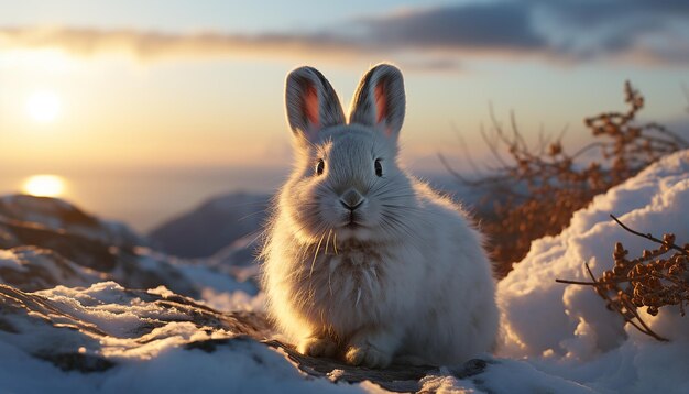 Foto grátis coelho bonito sentado na neve desfrutando do pôr-do-sol de inverno gerado pela ia