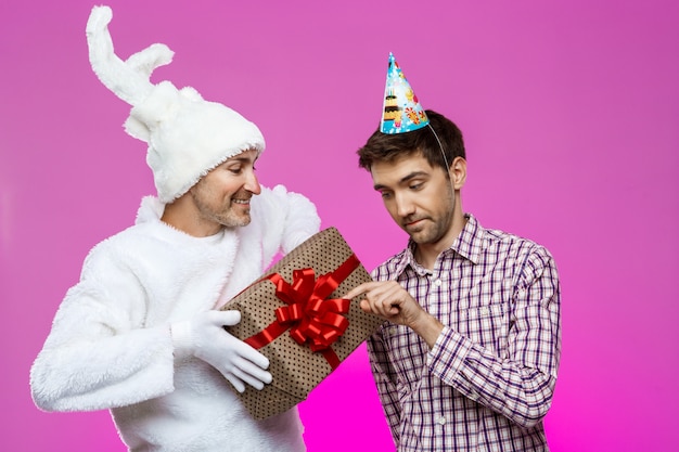 Coelho dando presente de aniversário para homem bêbado muro roxo.