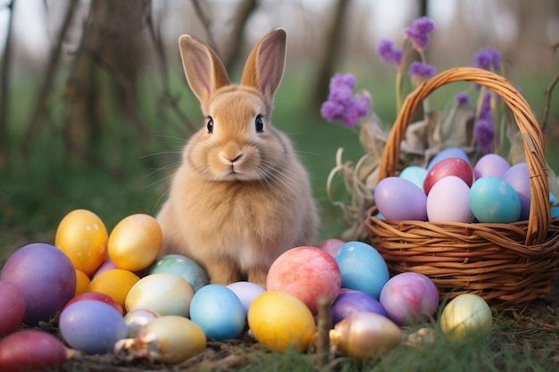 Foto grátis coelho de páscoa bonito e realista com ovos de páscoa coloridos em um campo