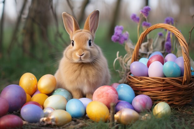 Coelho de Páscoa bonito e realista com ovos de Páscoa coloridos em um campo