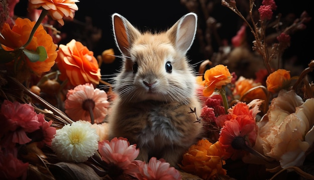 Foto grátis coelho fofinho sentado na grama cercado por flores coloridas geradas por inteligência artificial