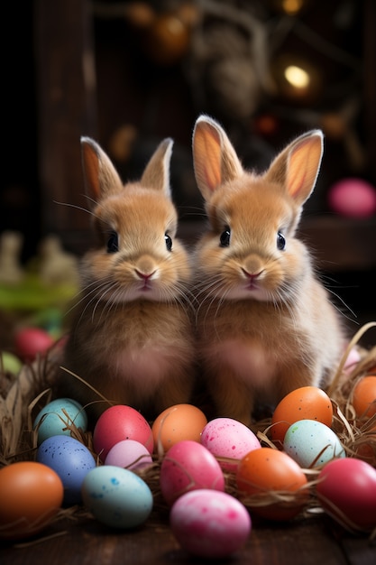 Foto grátis coelhos de páscoa bonitos e realistas com ovos de páscoa coloridos