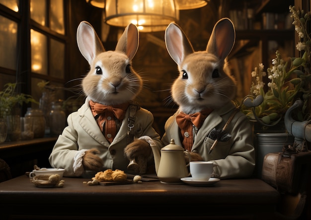 Foto grátis coelhos de páscoa elegantes e realistas tomando café em um restaurante