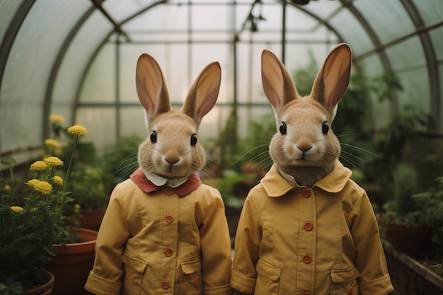Foto grátis coelhos de páscoa realistas vestindo casaco em uma estufa