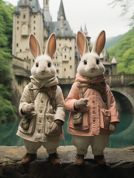 Foto grátis coelhos de páscoa realistas vestindo casaco em uma paisagem natural com um castelo de fantasia