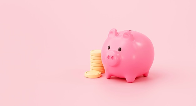 Cofrinho e conceito de economia de moedas na renderização 3d de fundo rosa