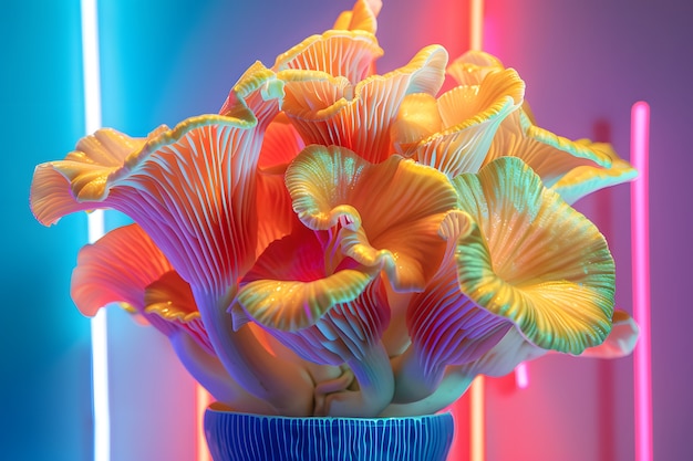 Cogumelos vistos com intensas luzes de cores brilhantes