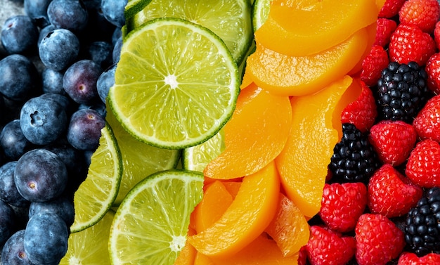 Colagem colorida de textura de frutas de perto