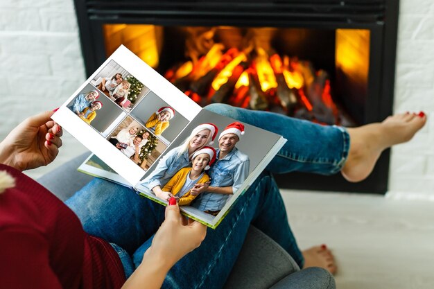 Colagem de fotos de nove imagens com conceito de inverno. Temporada de férias. livro de fotos aberto com fotos de natal