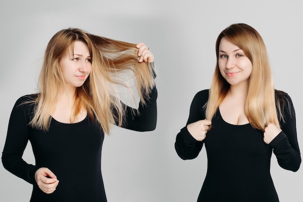 Foto grátis colagem de loira com cabelo depois e antes do salão de beleza