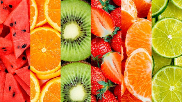 Foto grátis colagem de texturas de frutas saborosas plana leiga