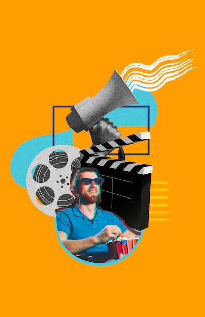 Colagem sobre a hora do filme com homem e megafone