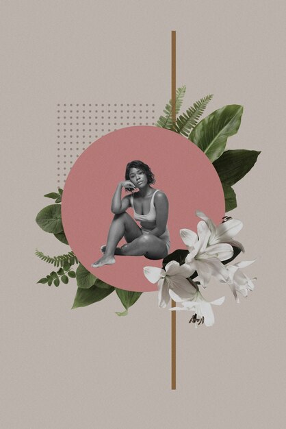 Colagem vintage de mulher com plantas e flores