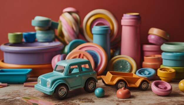 Coleção de carros de brinquedo coloridos em recipiente de plástico gerado por IA