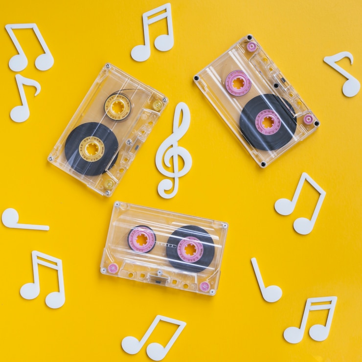 Foto grátis coleção de fitas cassete transparente com notas musicais ao redor