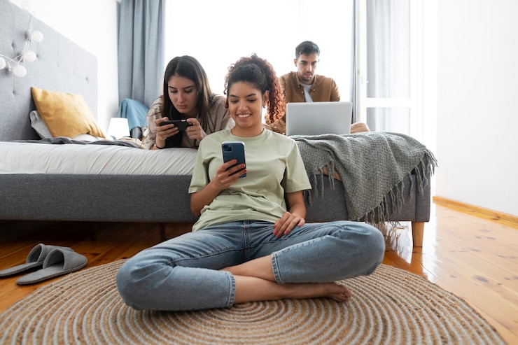 Foto grátis colegas de quarto de tiro completo com dispositivos
