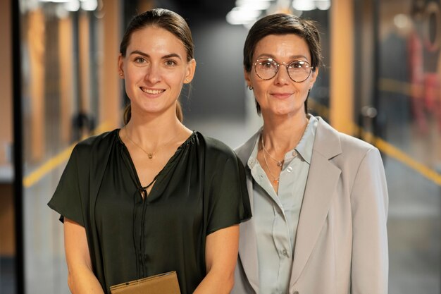 Colegas sorridentes de tiro médio no trabalho