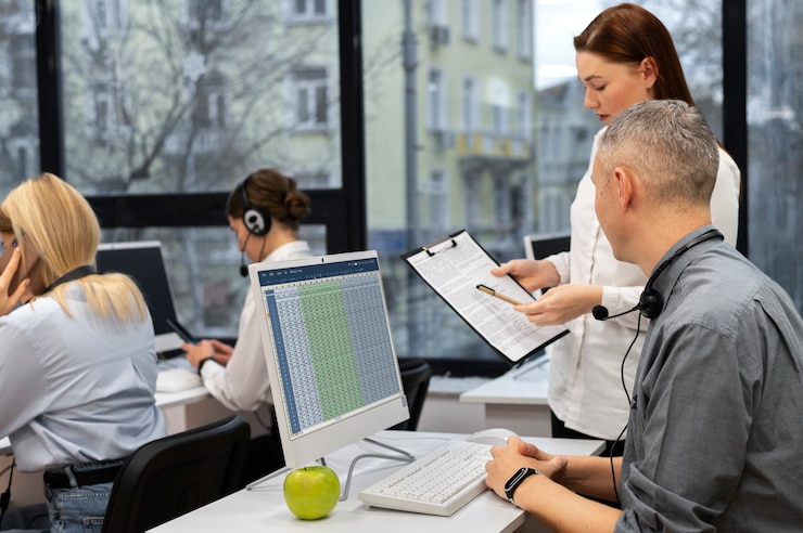 Foto grátis colegas trabalhando juntos em um escritório de call center