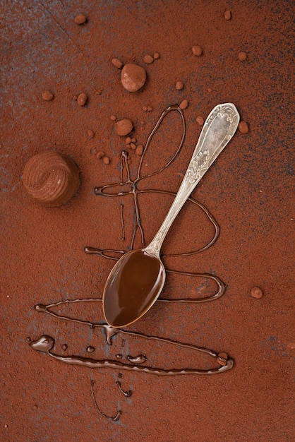 Foto grátis colher com calda de chocolate e cacau em pó