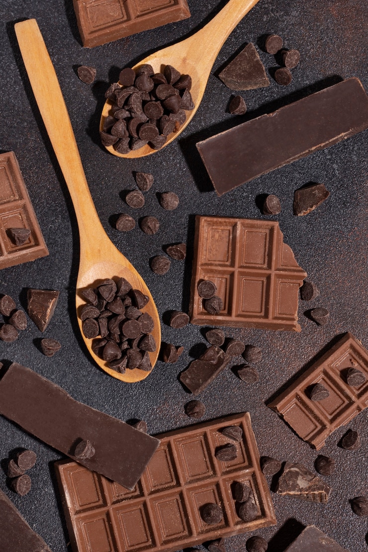 Foto grátis colheres de vista superior com arranjo de lascas de chocolate