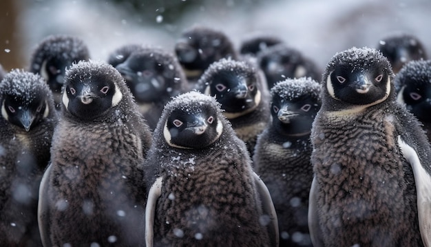 Foto grátis colônia de pinguins no ártico olhando para câmera gerada por ia