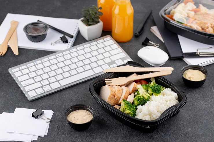 Foto grátis comida deliciosa de alto ângulo e teclado