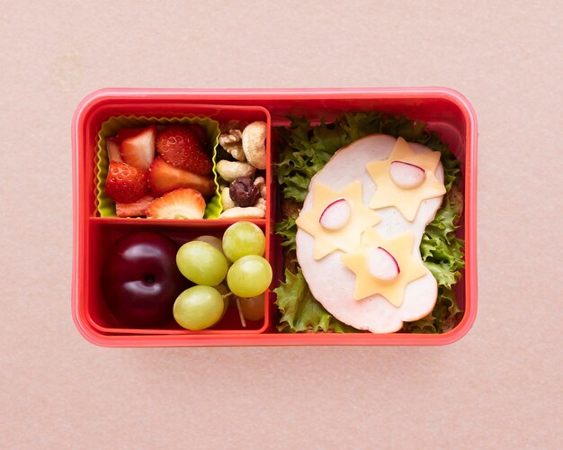 Comida infantil arte bento, caixa com sanduíche e morangos