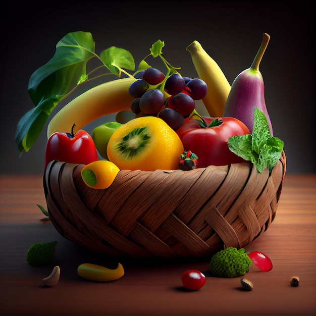 Comida saudável e vegetariana em cesta de palha ai generativa