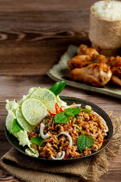 Comida tailandesa com carne de porco picada picante servida com arroz pegajoso e frango frito